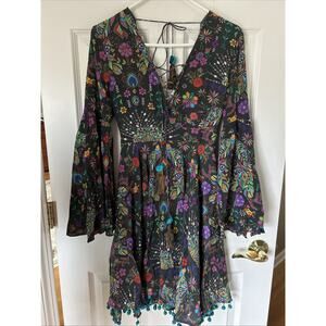 Matthew Williamson Silk Dress laceup with tassel hem bell long slv bright New 4